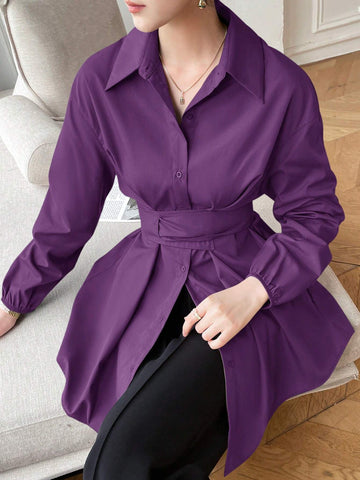 Mulvari Women's Casual Solid Color Long Sleeve Tie-Waist Shirt, Spring/Summer/Fall