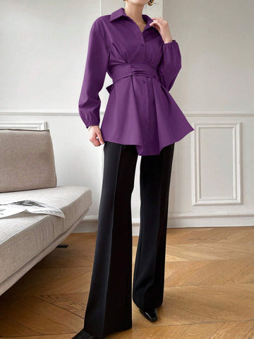 Mulvari Women's Casual Solid Color Long Sleeve Tie-Waist Shirt, Spring/Summer/Fall