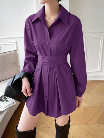 Mulvari Women's Casual Solid Color Long Sleeve Tie-Waist Shirt, Spring/Summer/Fall