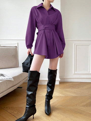 Mulvari Women's Casual Solid Color Long Sleeve Tie-Waist Shirt, Spring/Summer/Fall