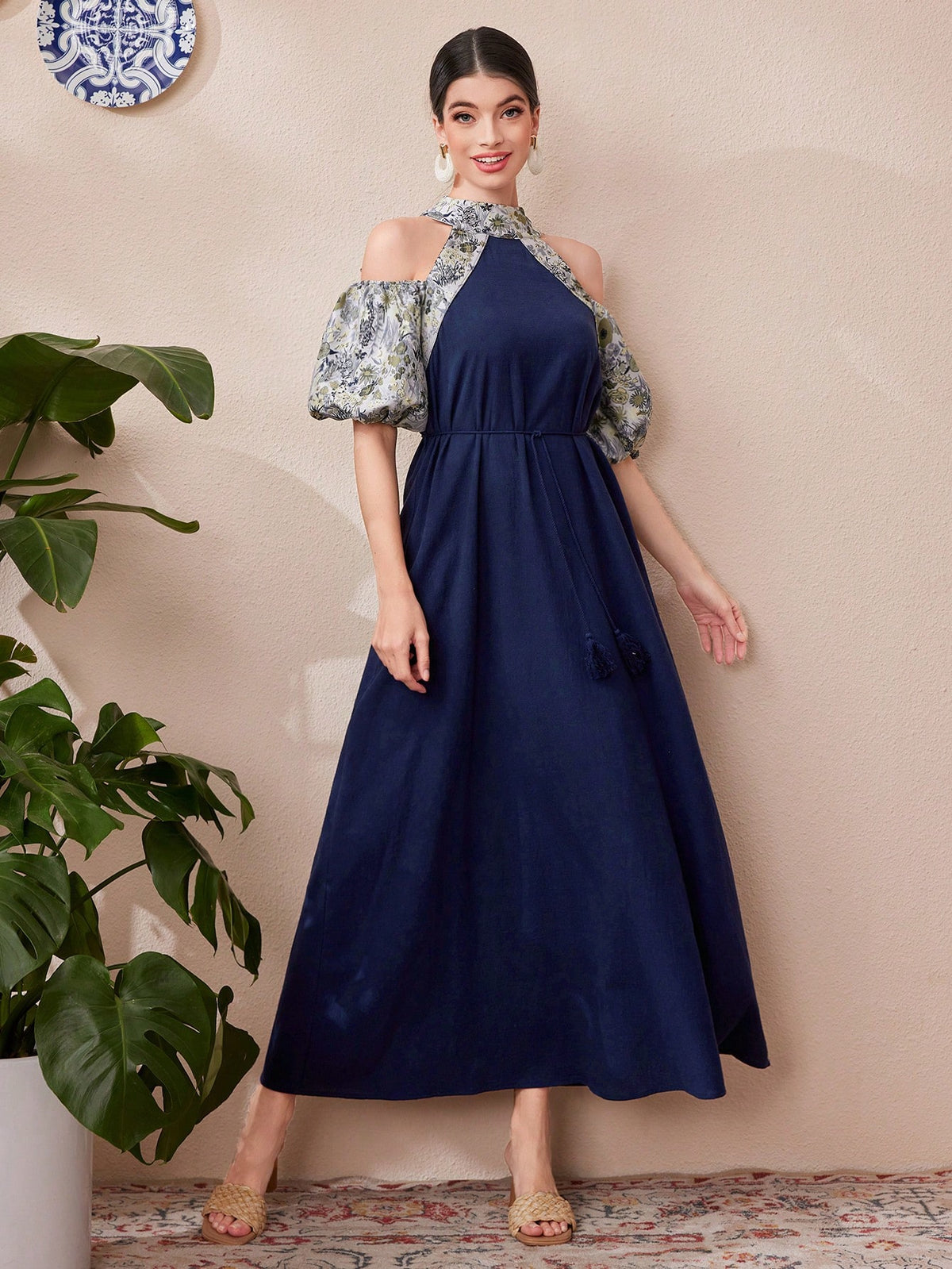 Women's Cold Shoulder Patchwork Lantern Sleeve Dress