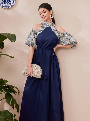 Women's Cold Shoulder Patchwork Lantern Sleeve Dress