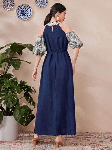 Women's Cold Shoulder Patchwork Lantern Sleeve Dress