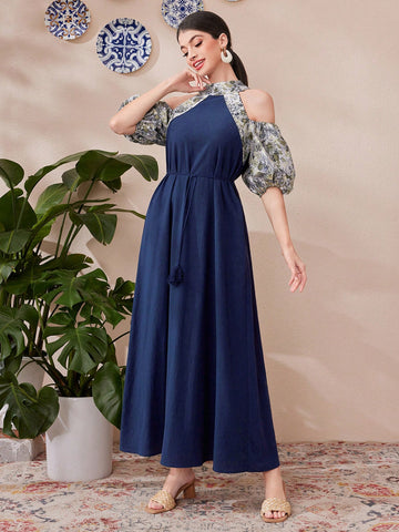 Women's Cold Shoulder Patchwork Lantern Sleeve Dress