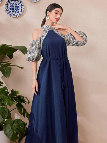 Women's Cold Shoulder Patchwork Lantern Sleeve Dress