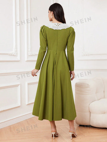 Women's Color Block Collar, Puff Sleeves, And Gathered Waist Dress