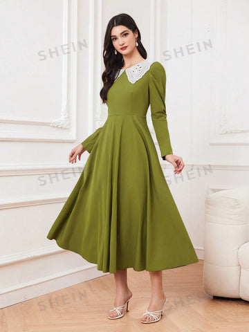 Women's Color Block Collar, Puff Sleeves, And Gathered Waist Dress