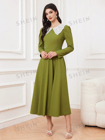 Women's Color Block Collar, Puff Sleeves, And Gathered Waist Dress
