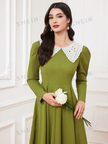 Women's Color Block Collar, Puff Sleeves, And Gathered Waist Dress