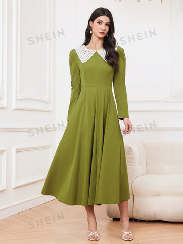Women's Color Block Collar, Puff Sleeves, And Gathered Waist Dress