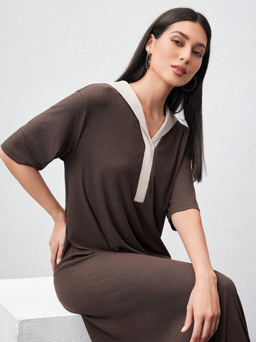 Women's Color Block Short Sleeve Ribbed Dress
