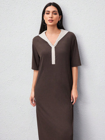 Women's Color Block Short Sleeve Ribbed Dress