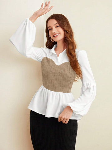 Mulvari Women's Color Blocking Collar Ruffle Hem Casual Long Sleeve Blouse