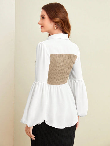 Mulvari Women's Color Blocking Collar Ruffle Hem Casual Long Sleeve Blouse