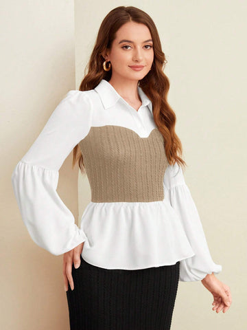 Mulvari Women's Color Blocking Collar Ruffle Hem Casual Long Sleeve Blouse