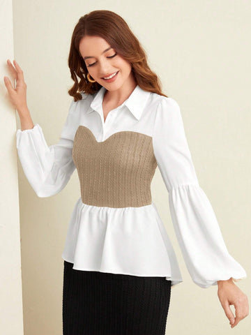 Mulvari Women's Color Blocking Collar Ruffle Hem Casual Long Sleeve Blouse