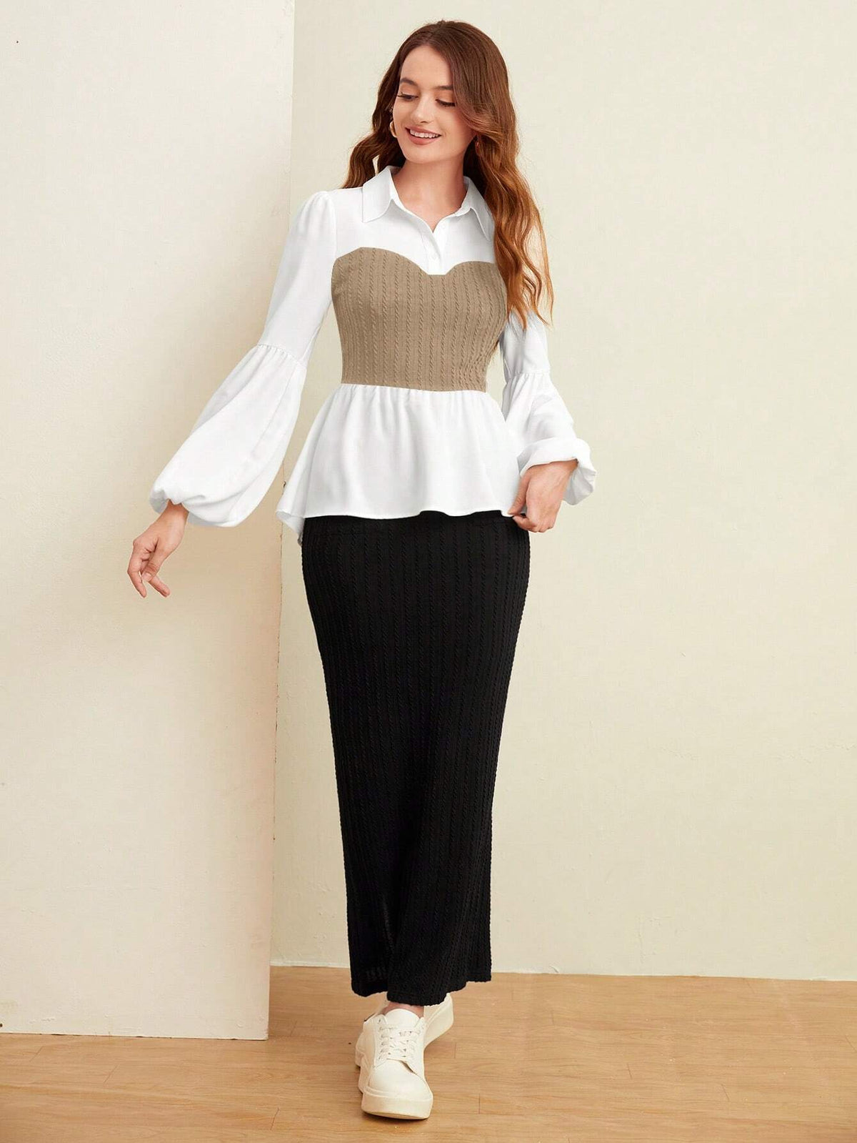 Mulvari Women's Color Blocking Collar Ruffle Hem Casual Long Sleeve Blouse