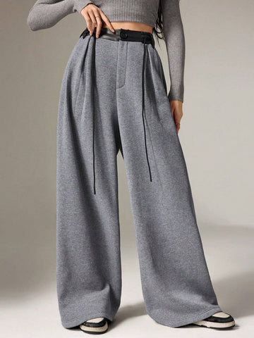 Mulvari Women's Contrast Color Waist Tied Pocket Pleated Wide Leg Loose Casual Sweatpants