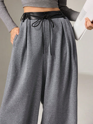 Mulvari Women's Contrast Color Waist Tied Pocket Pleated Wide Leg Loose Casual Sweatpants