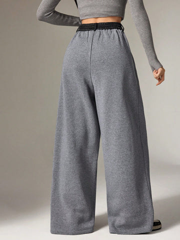 Mulvari Women's Contrast Color Waist Tied Pocket Pleated Wide Leg Loose Casual Sweatpants