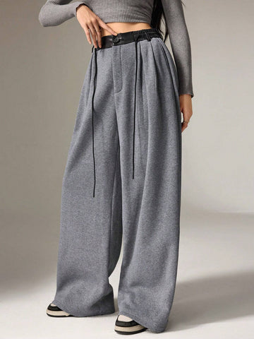 Mulvari Women's Contrast Color Waist Tied Pocket Pleated Wide Leg Loose Casual Sweatpants