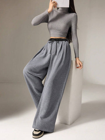 Mulvari Women's Contrast Color Waist Tied Pocket Pleated Wide Leg Loose Casual Sweatpants