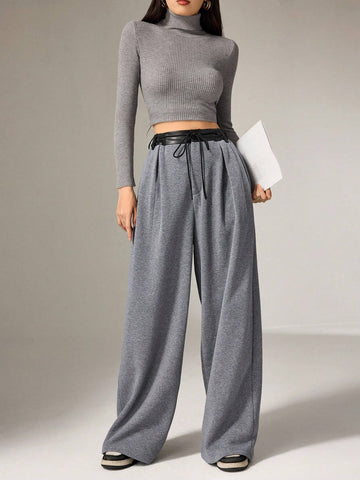 Mulvari Women's Contrast Color Waist Tied Pocket Pleated Wide Leg Loose Casual Sweatpants