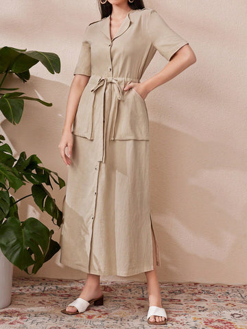 Women's Drawstring Waist Pocket Shirt Dress
