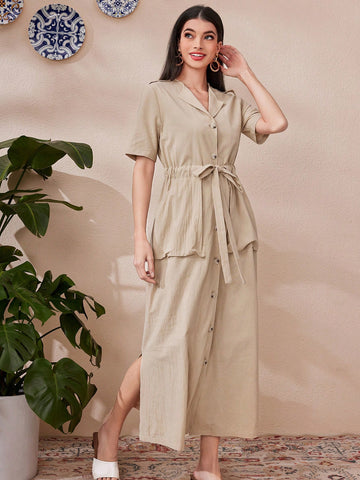 Women's Drawstring Waist Pocket Shirt Dress