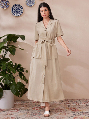 Women's Drawstring Waist Pocket Shirt Dress
