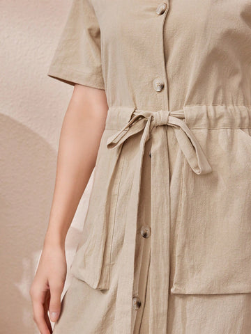 Women's Drawstring Waist Pocket Shirt Dress
