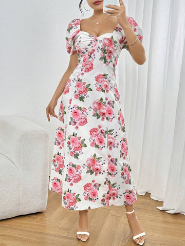 Women's Elegant Floral Printed Balloon Sleeve Dress