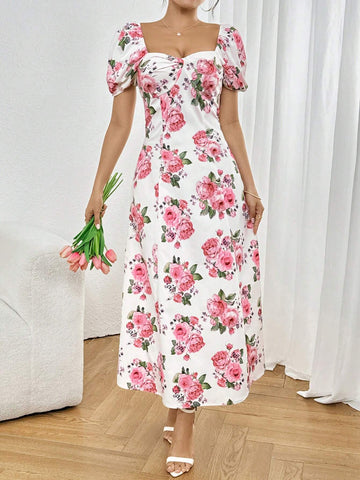 Women's Elegant Floral Printed Balloon Sleeve Dress