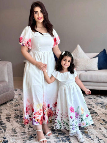 Women's Elegant Flower Printed Open Shoulder Puff Sleeve Waist-Tied Sundress For Vacation