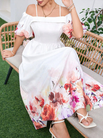 Women's Elegant Flower Printed Open Shoulder Puff Sleeve Waist-Tied Sundress For Vacation