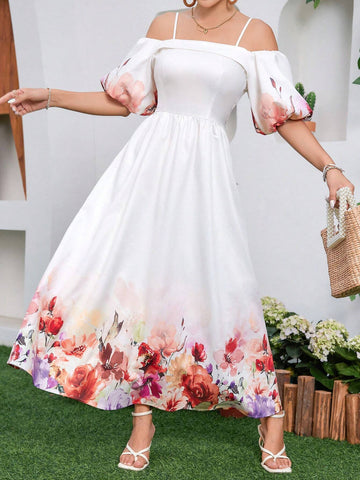 Women's Elegant Flower Printed Open Shoulder Puff Sleeve Waist-Tied Sundress For Vacation