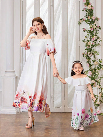 Women's Elegant Flower Printed Open Shoulder Puff Sleeve Waist-Tied Sundress For Vacation