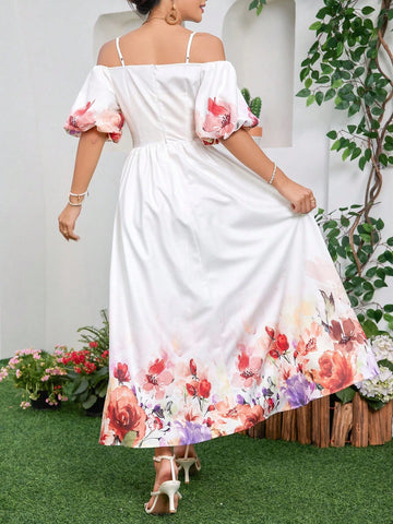 Women's Elegant Flower Printed Open Shoulder Puff Sleeve Waist-Tied Sundress For Vacation