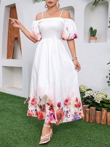 Women's Elegant Flower Printed Open Shoulder Puff Sleeve Waist-Tied Sundress For Vacation