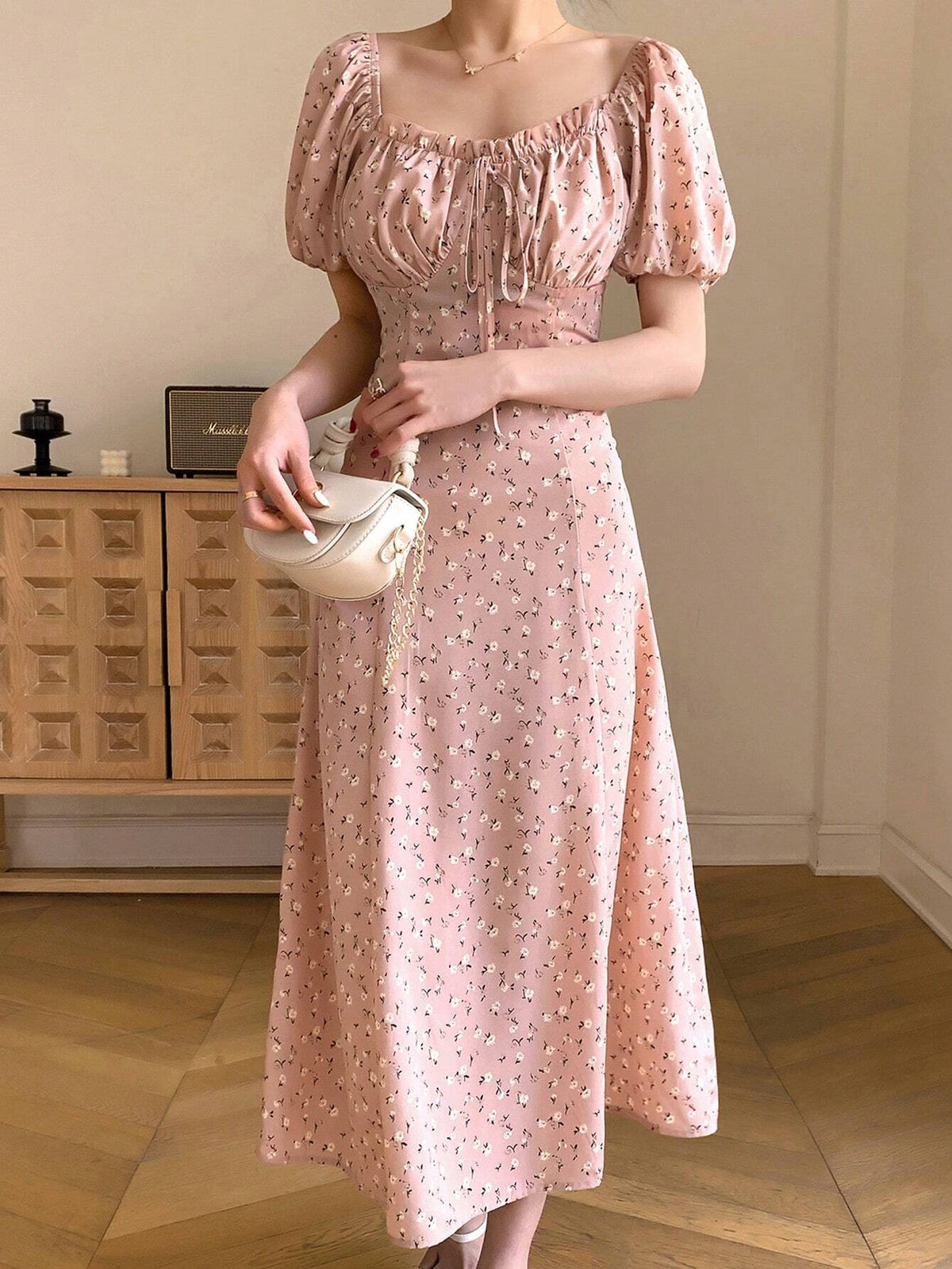 Women's Elegant Long Floral Dress With Bubble Sleeves And Cinched Waist, Elegant Dress