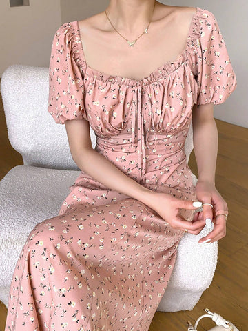 Women's Elegant Long Floral Dress With Bubble Sleeves And Cinched Waist, Elegant Dress