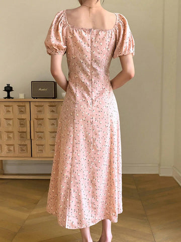 Women's Elegant Long Floral Dress With Bubble Sleeves And Cinched Waist, Elegant Dress
