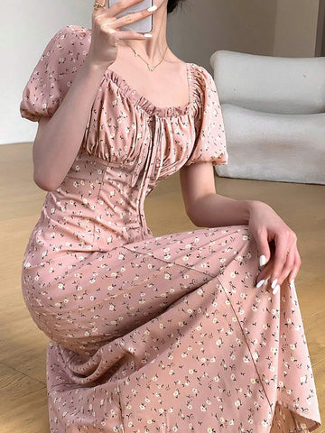 Women's Elegant Long Floral Dress With Bubble Sleeves And Cinched Waist, Elegant Dress