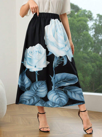 Mulvari Women's Elegant Rose Printed Skirt, Summer