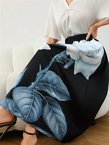 Mulvari Women's Elegant Rose Printed Skirt, Summer