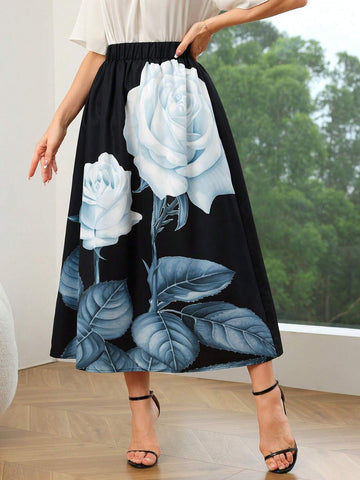Mulvari Women's Elegant Rose Printed Skirt, Summer