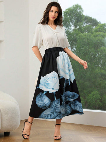 Mulvari Women's Elegant Rose Printed Skirt, Summer