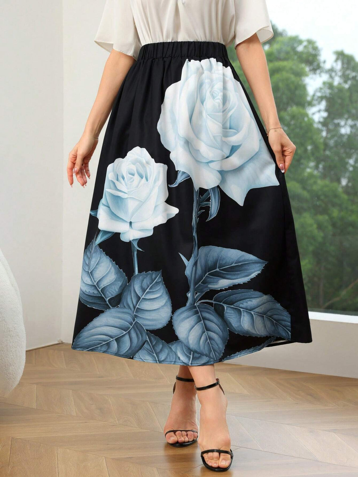 Mulvari Women's Elegant Rose Printed Skirt, Summer