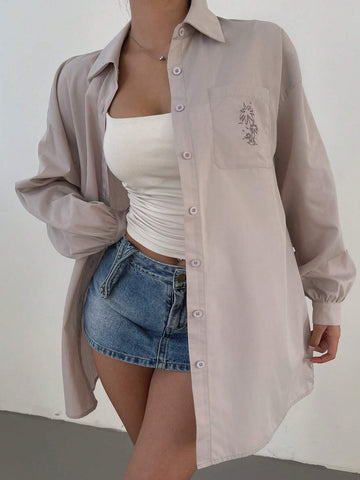 Mulvari Women's Embroidered Button Front Pocket Long Sleeve Shirt