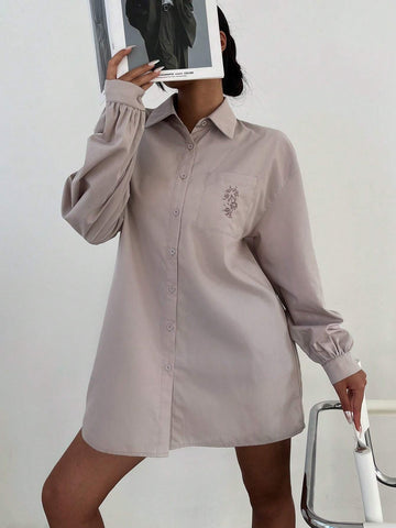 Mulvari Women's Embroidered Button Front Pocket Long Sleeve Shirt